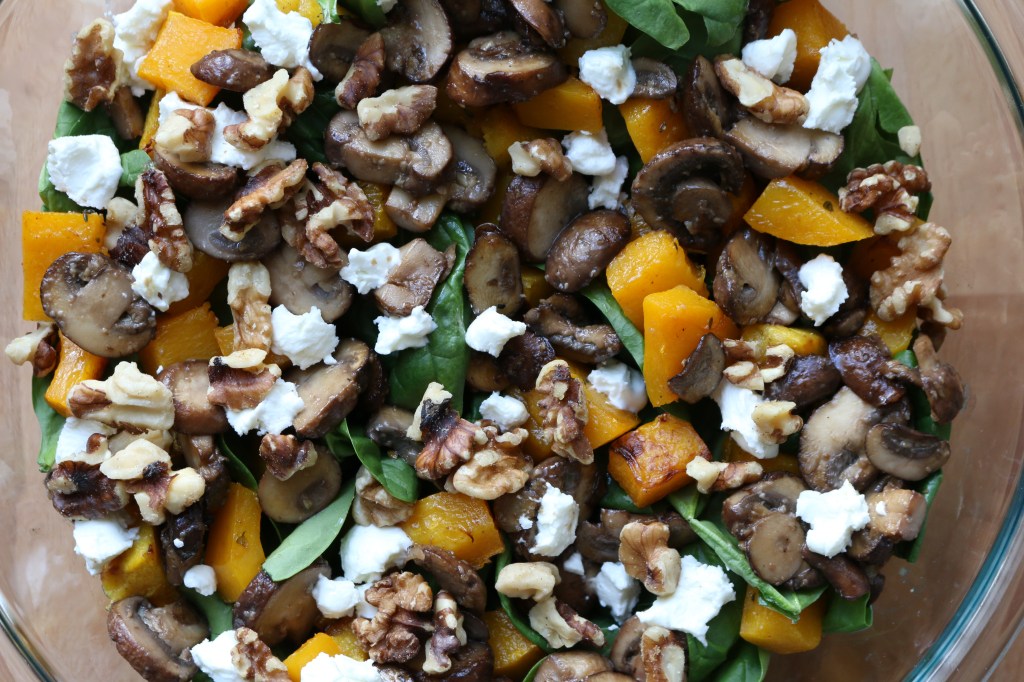 Fall Harvest Squash, Spinach and Mushroom Salad with Goat Cheese and Balsamic Maple&nbsp;Dressing
